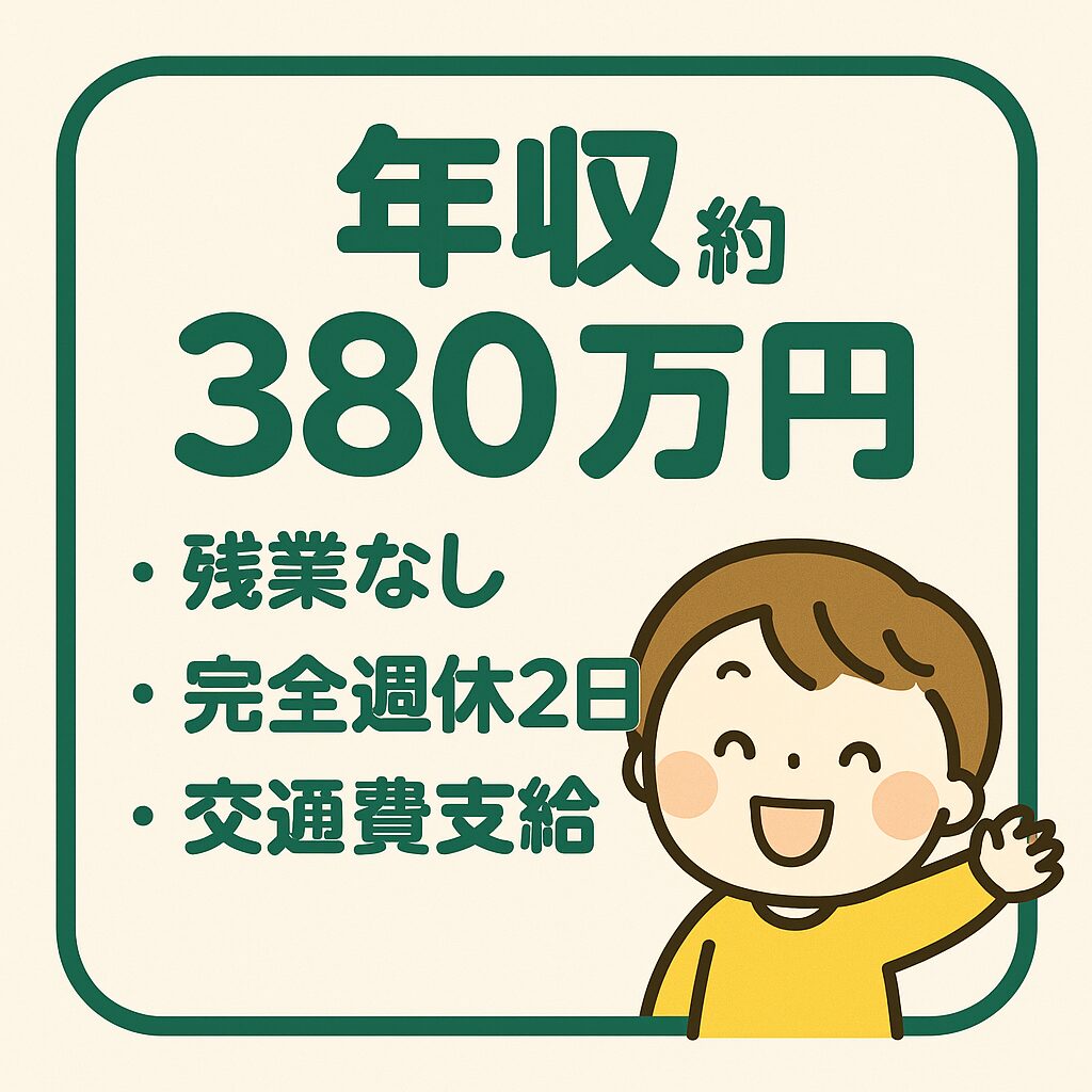 年収約380万円・残業なし・完全週休2日・交通費支給の条件を示すかわいい保育士と子どものイラスト入り求人バナー